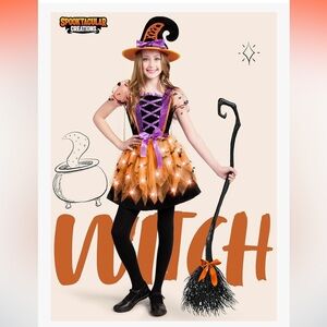 Spooktacular Creations Girls light up witch costume, hat broom and wand size M